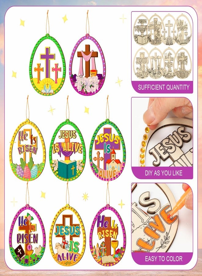 Wovnet 48 Pcs Easter Wooden Ornament Craft Jesus is Risen DIY Wooden Eggs Craft Kit Make Your Own Christian Religious Easter Egg Ornaments with Gem Sticker for Party Decoration Supplies - Image 4