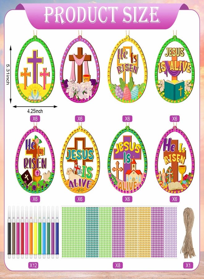 Wovnet 48 Pcs Easter Wooden Ornament Craft Jesus is Risen DIY Wooden Eggs Craft Kit Make Your Own Christian Religious Easter Egg Ornaments with Gem Sticker for Party Decoration Supplies - Image 3
