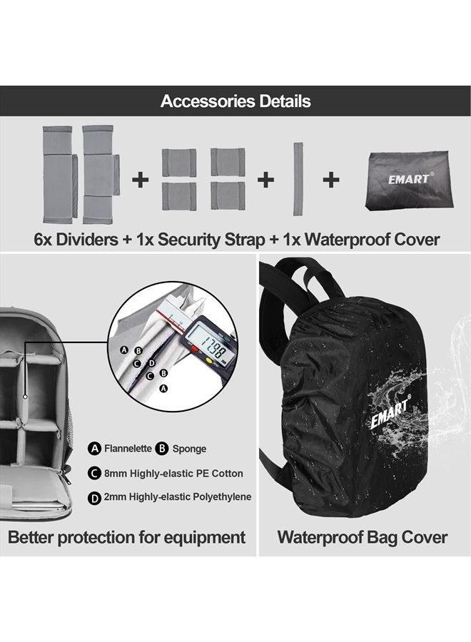 EMART Camera Backpack with Removable Padded Dividers and Rain Cover, Camera Bag for SLR DSLR Mirrorless, Waterproof Camera cases for Sony Canon Nikon, Tripod, 13" Laptop (Only Camera Backpack)  - Image 5
