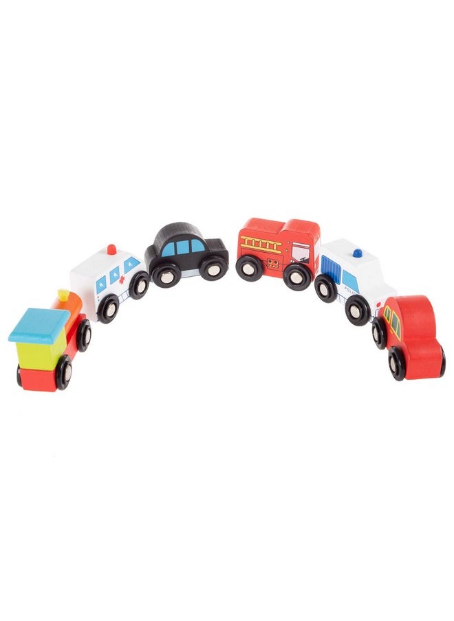 Hey! Play! Hey! Play! Wooden Car PlaySet-6-Piece Mini Toy Vehicle Set with Cars, Police and Fire Trucks, Train-Pretend Play Fun for Preschool Boys and Girls  - Image 4