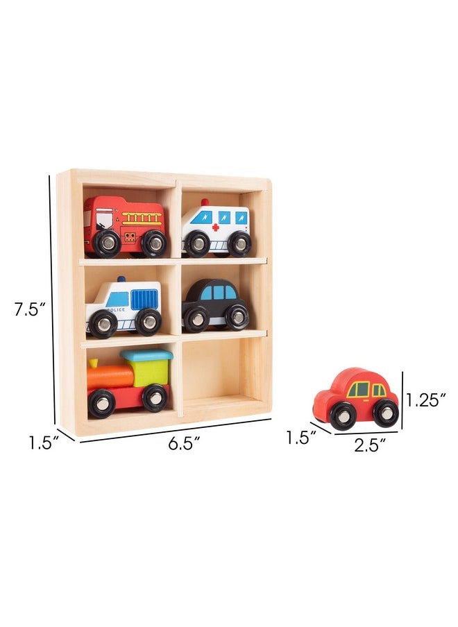 Hey! Play! Hey! Play! Wooden Car PlaySet-6-Piece Mini Toy Vehicle Set with Cars, Police and Fire Trucks, Train-Pretend Play Fun for Preschool Boys and Girls  - Image 2
