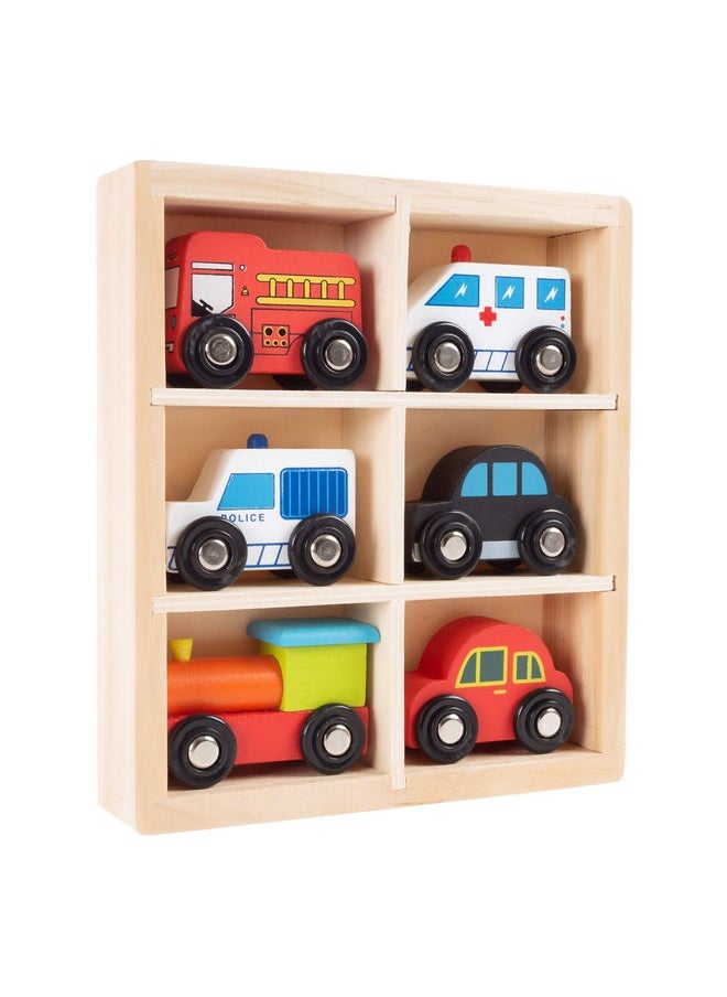 Hey! Play! Hey! Play! Wooden Car PlaySet-6-Piece Mini Toy Vehicle Set with Cars, Police and Fire Trucks, Train-Pretend Play Fun for Preschool Boys and Girls  - Image 1