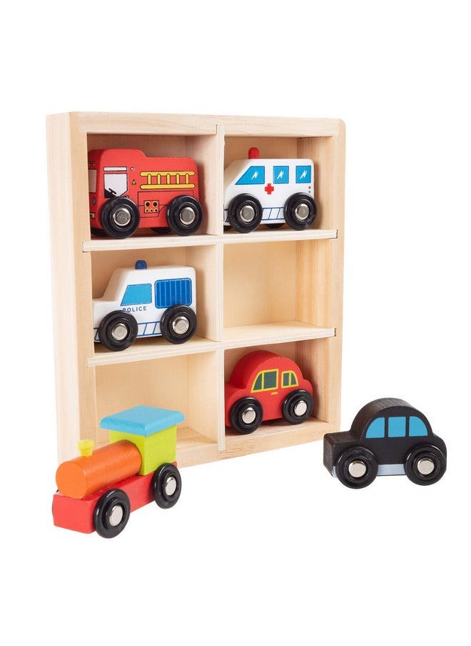 Hey! Play! Hey! Play! Wooden Car PlaySet-6-Piece Mini Toy Vehicle Set with Cars, Police and Fire Trucks, Train-Pretend Play Fun for Preschool Boys and Girls  - Image 3