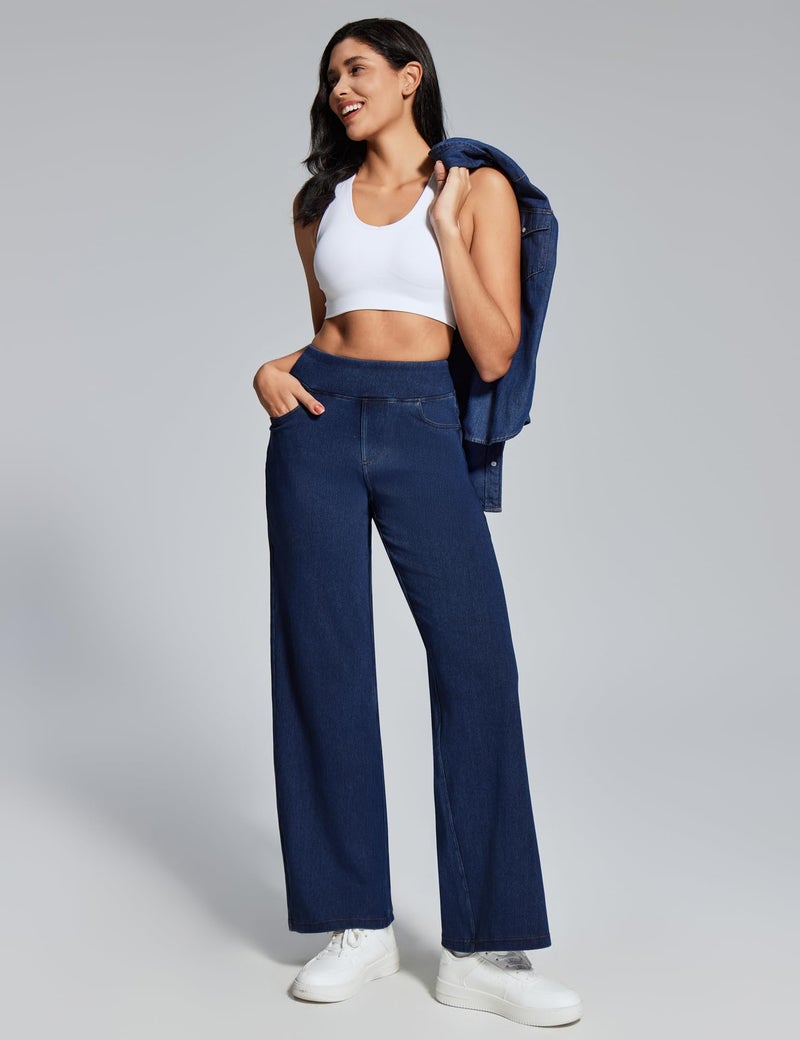Heathyoga Wide Leg Jeans Woman High Waist Pull On Baggy Jeans for Women Stretchy Jean Pants Straight Leg Denim Pants Petite Dark Blue - Image 3