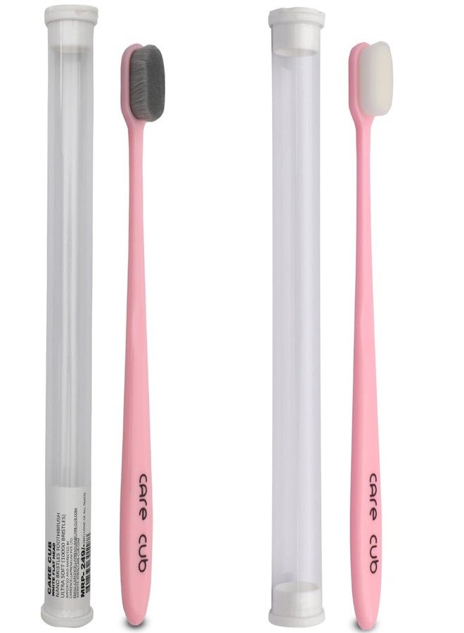 CARE CUB Pink Flat Ultra Soft BPA-Free Toothbrushes with White & Black Bristles, Micro Nano Bristles for Sensitive Teeth, Perfect for Ages 8+ and Adults - Image 1
