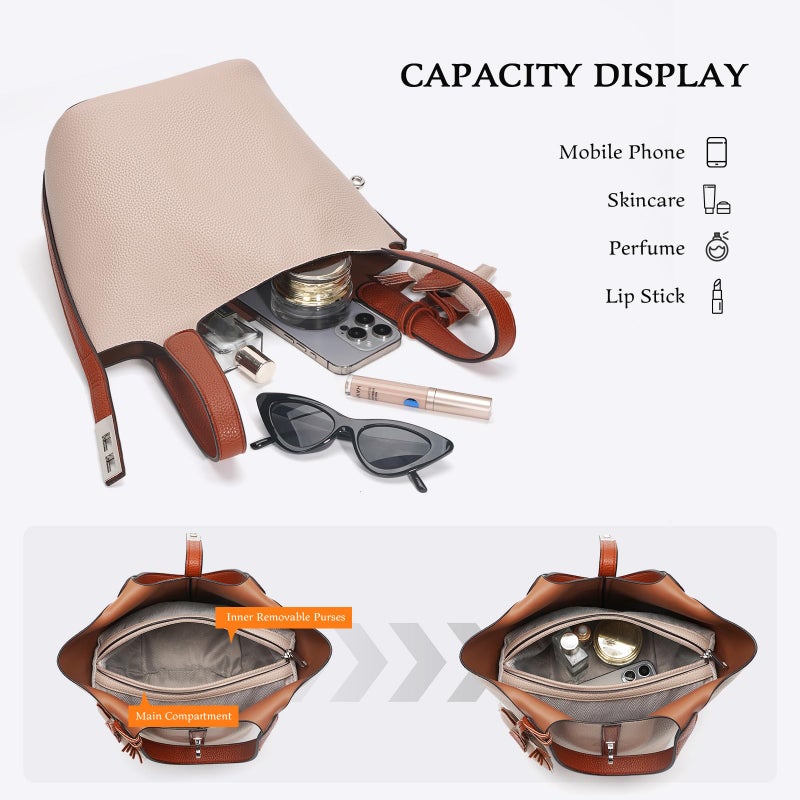 Kadynow Tote Bag for Women Vegan Leather Bucket Purse for Women Top Handle Handbag Shoulder Bag with Detachable Small Purse Cream Beige - Image 4