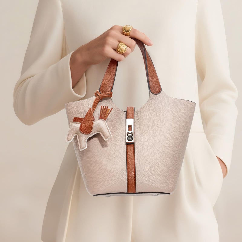 Kadynow Tote Bag for Women Vegan Leather Bucket Purse for Women Top Handle Handbag Shoulder Bag with Detachable Small Purse Cream Beige - Image 2