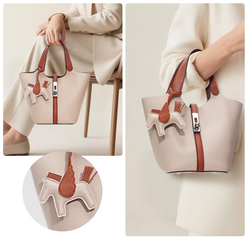Kadynow Tote Bag for Women Vegan Leather Bucket Purse for Women Top Handle Handbag Shoulder Bag with Detachable Small Purse Cream Beige - Image 3