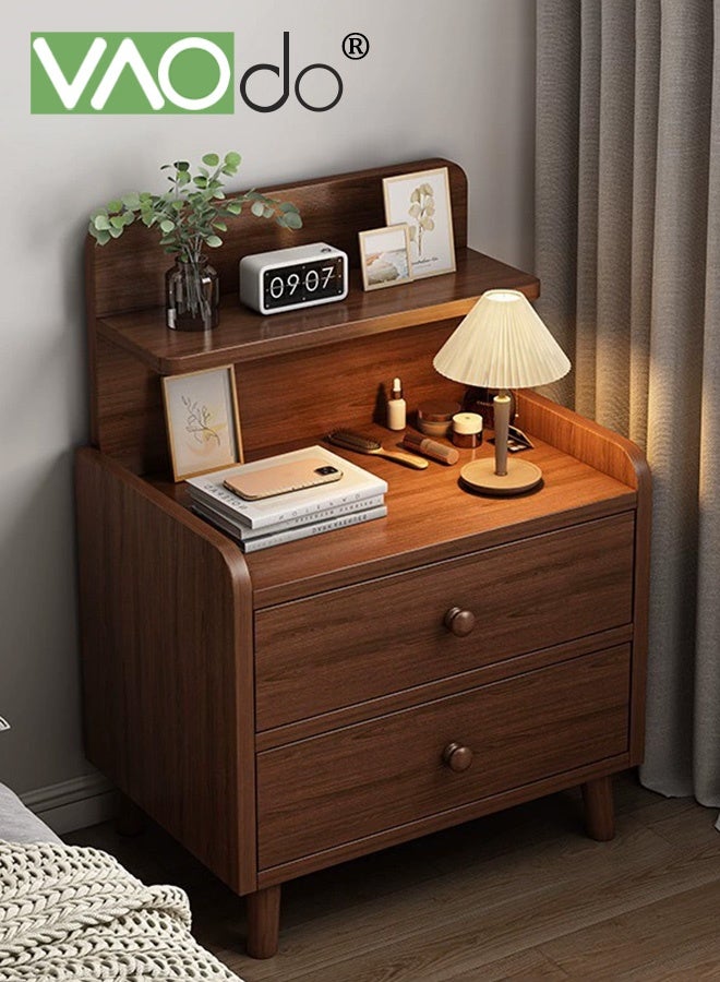 فاو دو طاولة سرير جانبية مع درجين، طاولة سرير جانبية عصرية مع رف خشبي مفتوح، طاولة جانبية بسيطة، طاولة جانبية سهلة التركيب لغرفة نوم غرفة المعيشة مساحة صغيرة بني - Image 1