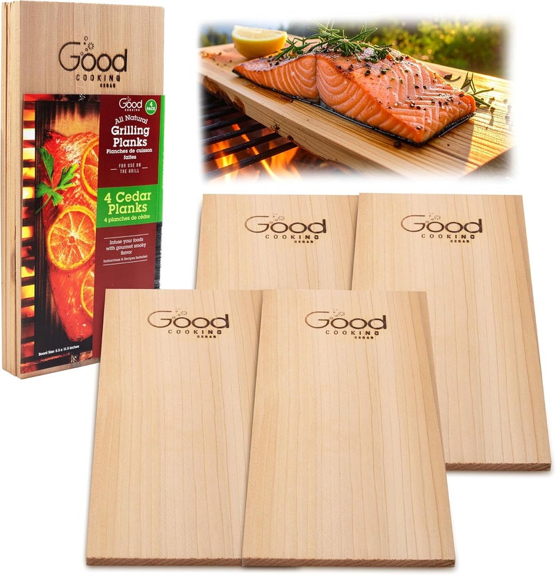 Good Cooking Grilling Planks - 4 Pack Cedar with Recipe Book - Premium Thicker Wood for Outdoor or Barbecue Salmon, Seafood, Steak, Burgers, Pork Chops, Vegetables - Reusable & Durable - 12" x 6" - Image 1