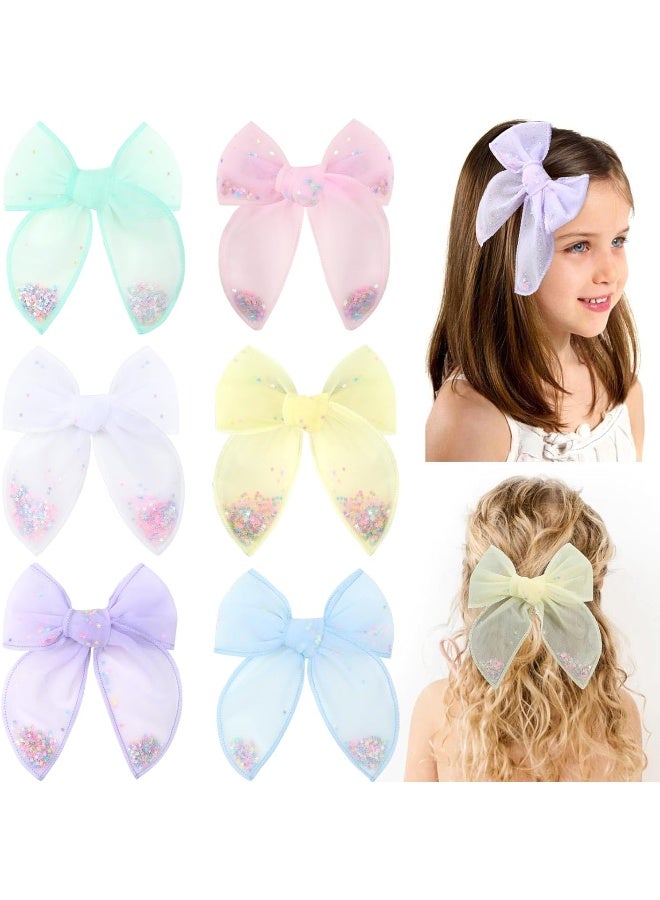 CN 6 PCS Tulle Hair Bows for Girls, CN Toddler Bows with Glitter Star Alligator, Colorful Hair Barrettes Wedding Hair Grips Accessories for Baby Girls Infants Toddler Teens Party (Type A) - Image 1