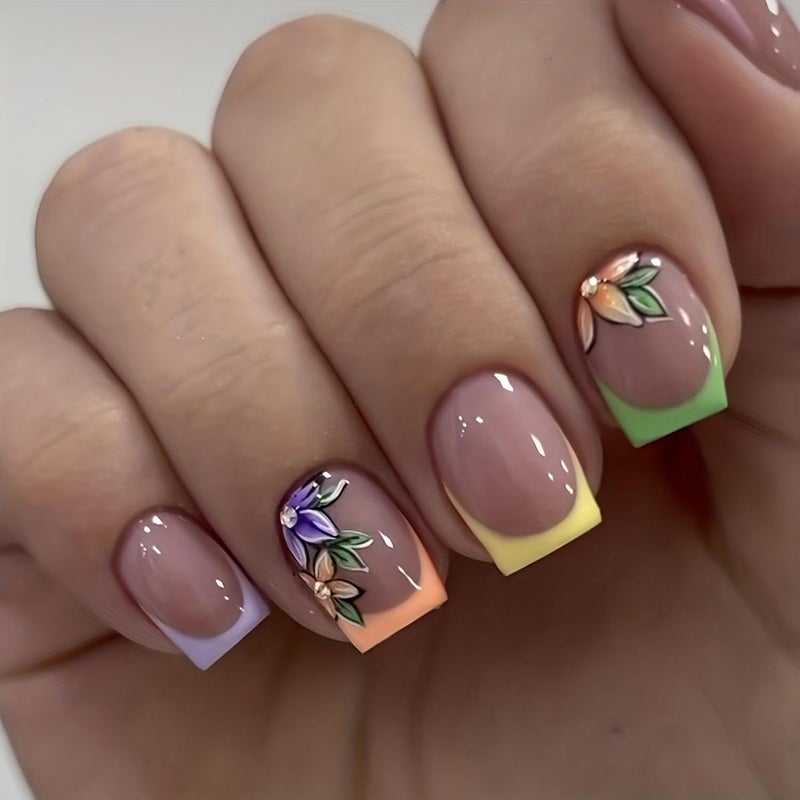 OCOUYVD French Tip Press on Nails Short Square Fake Nails with Flower Designs Acrylic Nail Colorful Stick on Nails Cute Spring Press on Artificial Nail for Women Manicure Art - Image 1