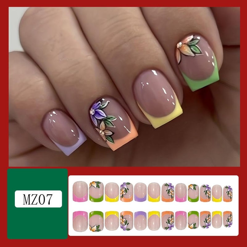 OCOUYVD French Tip Press on Nails Short Square Fake Nails with Flower Designs Acrylic Nail Colorful Stick on Nails Cute Spring Press on Artificial Nail for Women Manicure Art - Image 3