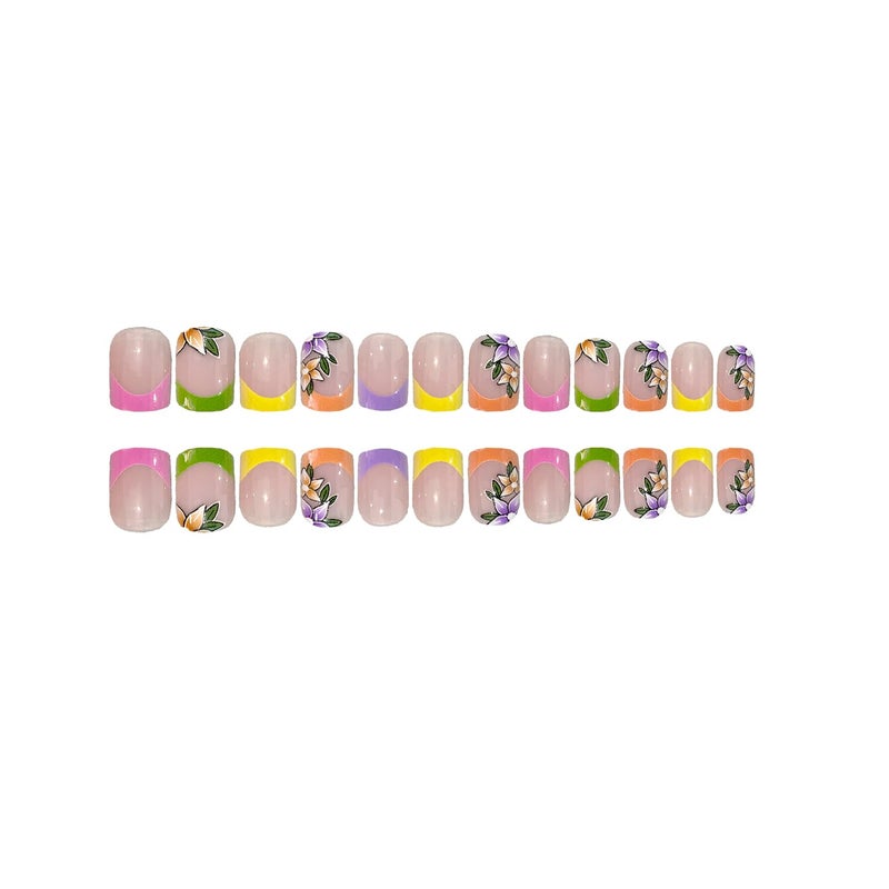 OCOUYVD French Tip Press on Nails Short Square Fake Nails with Flower Designs Acrylic Nail Colorful Stick on Nails Cute Spring Press on Artificial Nail for Women Manicure Art - Image 2