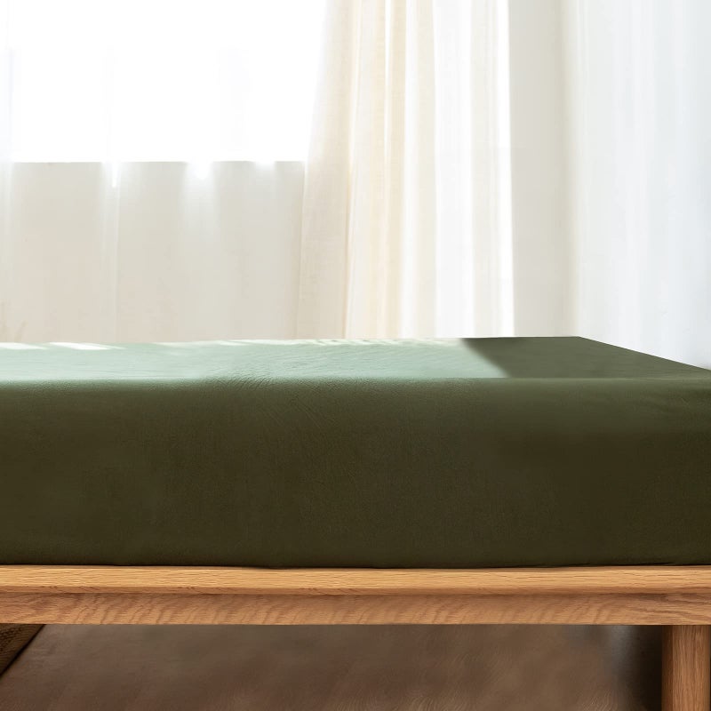 MooMee Fitted Bottom Sheet Only 100% Washed Cotton Linen Like Textured Breathable Durable Soft Comfy Deep Pocket Fits Mattress up to 17"" (Olive Green  King) - Image 2