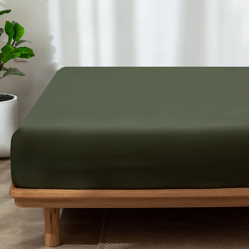MooMee Fitted Bottom Sheet Only 100% Washed Cotton Linen Like Textured Breathable Durable Soft Comfy Deep Pocket Fits Mattress up to 17"" (Olive Green  King) - Image 3
