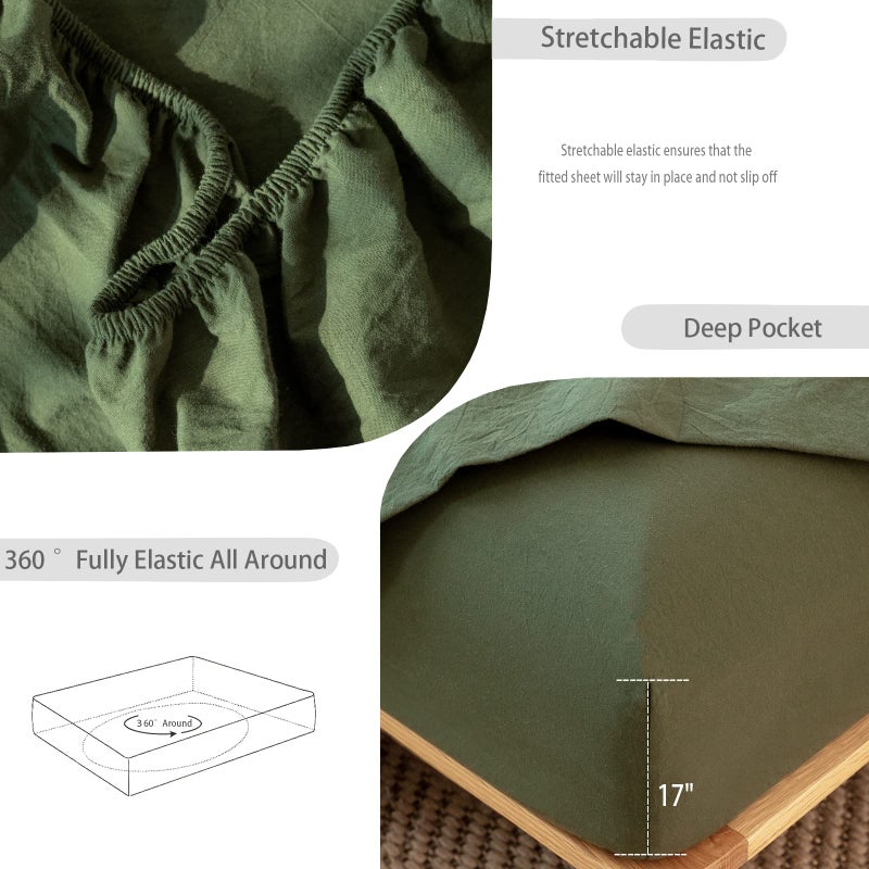 MooMee Fitted Bottom Sheet Only 100% Washed Cotton Linen Like Textured Breathable Durable Soft Comfy Deep Pocket Fits Mattress up to 17"" (Olive Green  King) - Image 4