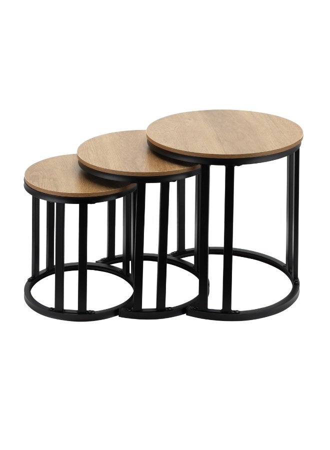 لوازم طقم طاولات 3 قطع - بني فاتح - طاولات قهوة دائرية متداخلة بسطح خشبي - طاولات جانبية موفرة للمساحة - طاولة بتصميم صناعي لغرفة المعيشة أو النوم أو البلكون أو المساحات الصغيرة - Image 3