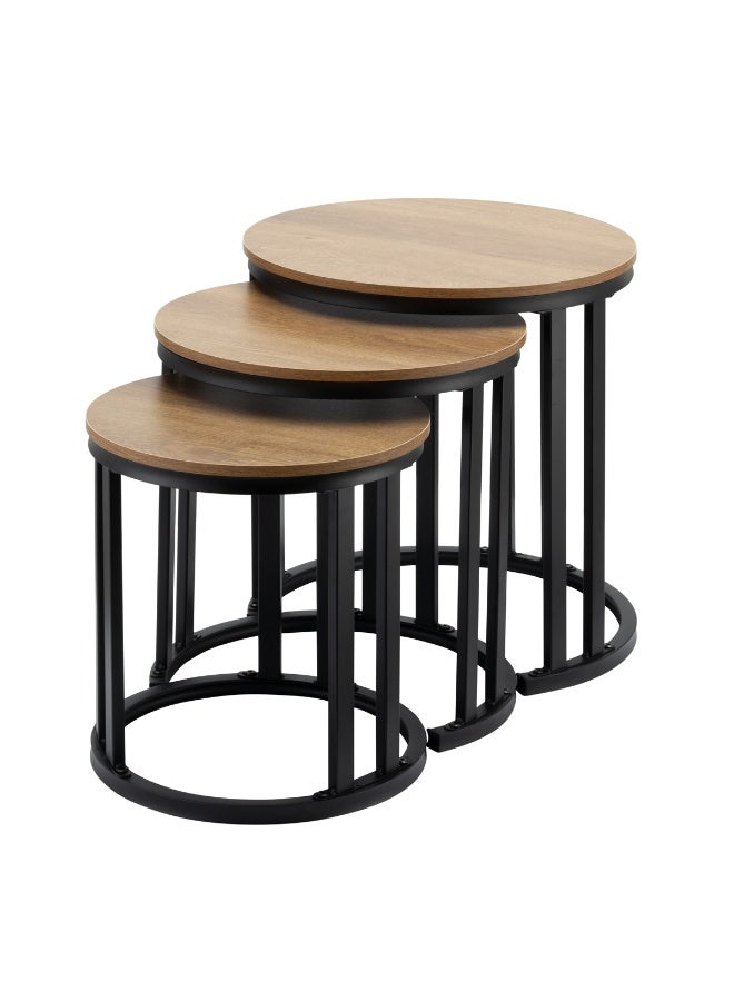 لوازم طقم طاولات 3 قطع - بني فاتح - طاولات قهوة دائرية متداخلة بسطح خشبي - طاولات جانبية موفرة للمساحة - طاولة بتصميم صناعي لغرفة المعيشة أو النوم أو البلكون أو المساحات الصغيرة - Image 2