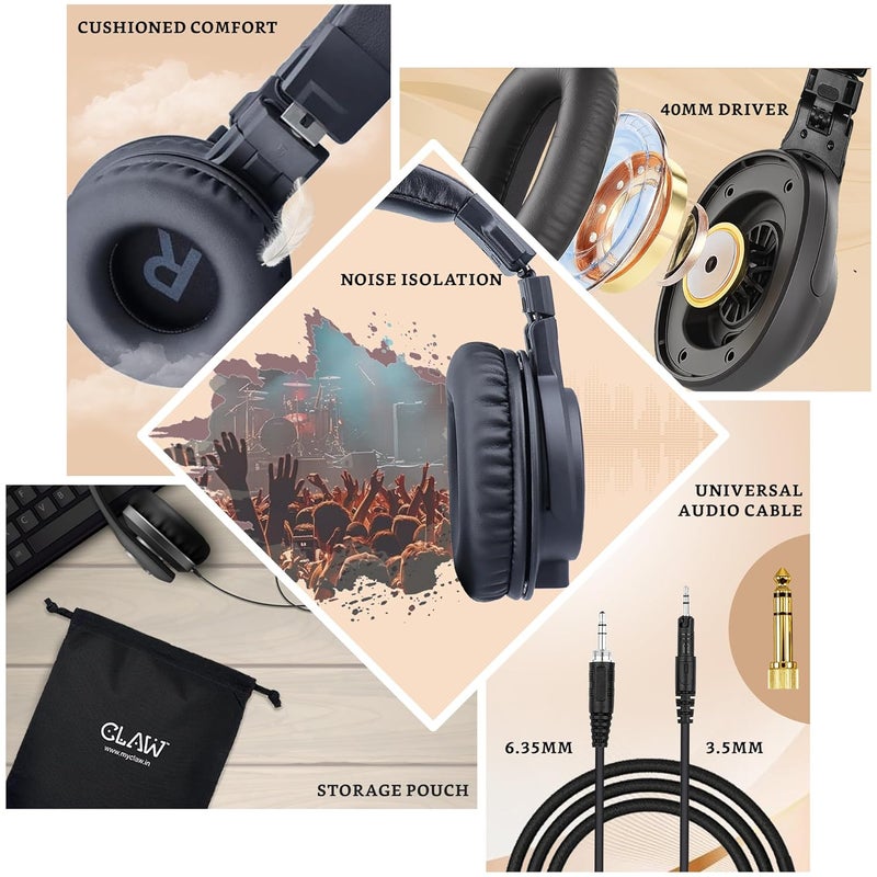 CLAW SM70 Studio Monitoring DJ Headphones, Wired Foldable Over-Ear with 40mm Neodymium Drivers, 4m Coiled Cable, 3.5mm to 6.35mm Adapter & Carrying Pouch – Ideal for Mixing & Recording| Black - Image 2