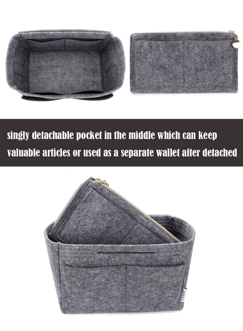 LEXSION Felt Purse Bag Organizer Insert with zipper Bag Tote Shaper Fit Speedy Neverful PM MM 8021 Grey M - Image 2