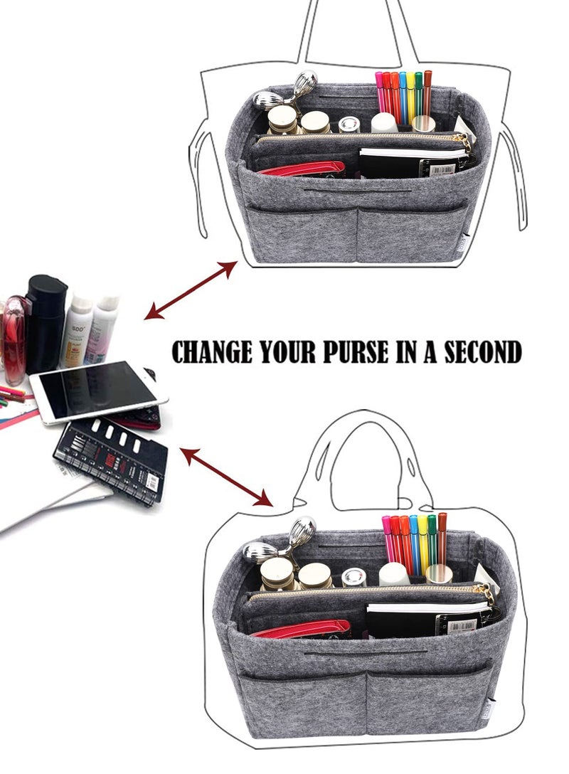 LEXSION Felt Purse Bag Organizer Insert with zipper Bag Tote Shaper Fit Speedy Neverful PM MM 8021 Grey M - Image 5