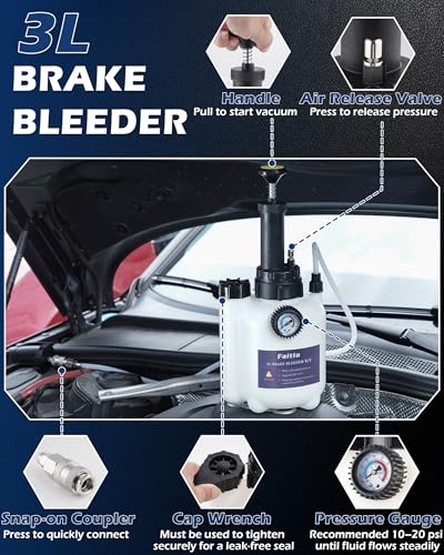 FAITIO 3L Brake Fluid Bleeder Kit w/ 1L Catch Bottle, Pressure Brake Bleeding Tool, Manual Power Bleeder Pump for Flush Brakes and Clutch System, Upgraded Adapters (43.5/45/49.5/50.7mm), White - Image 4