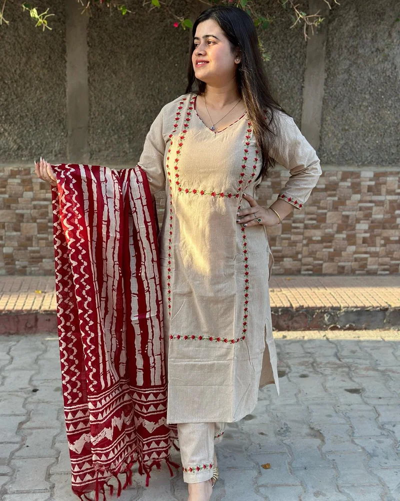 GoSriKi  GoSriKi Women's Cotton Blend Straight Embroidered Kurta with Pant & Dupatta (DD BEIGE-NW-GS_L_Beige_Large) for Women | Best Price UAE