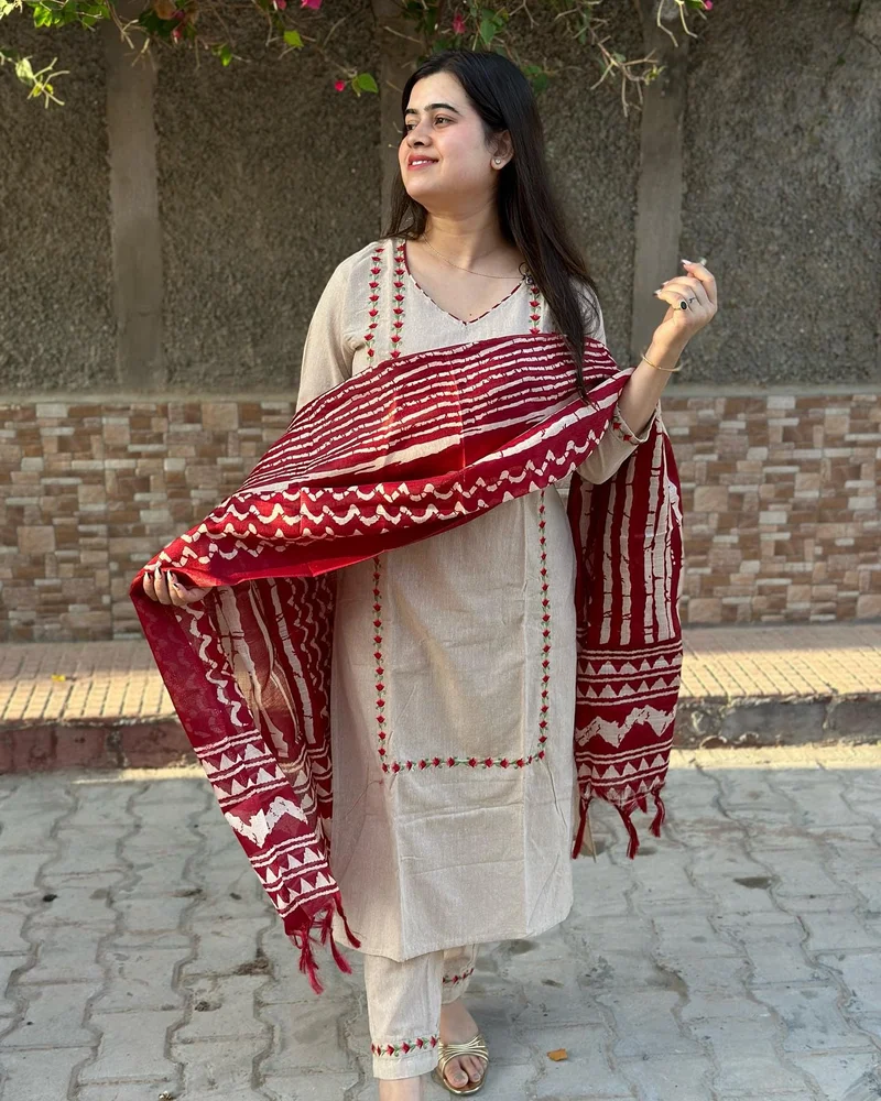 GoSriKi Women's Cotton Blend Straight Embroidered Kurta with Pant & Dupatta (DD BEIGE-NW-GS_L_Beige_Large)