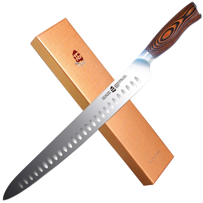 TUO Slicing Knife 12 inch Granton Carving Knives Hollow Ground for Meat Cutting Kitchen Long Slicer  Carver German Stainless Steel Pakkawood Handle Gift Box Included  Fiery Series