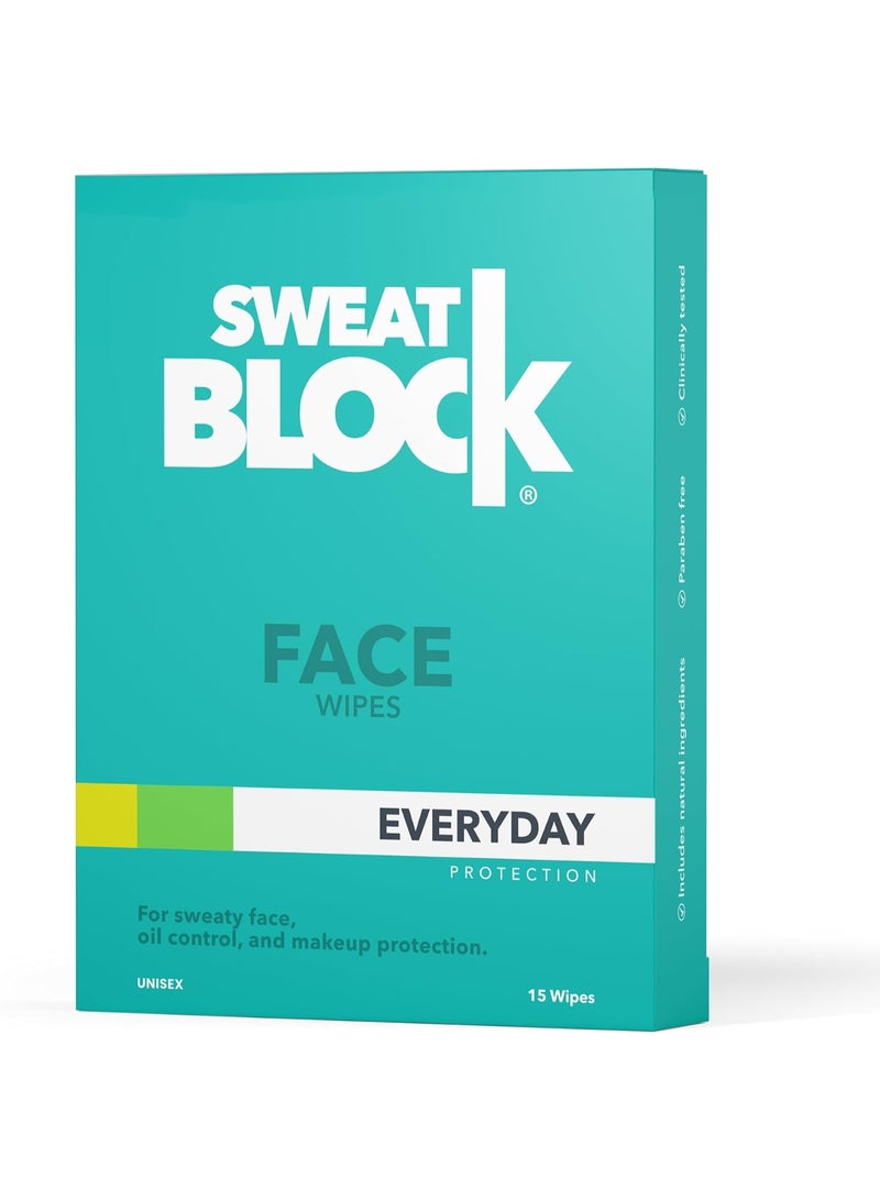 SweatBlock Daily Antiperspirant Face Wipes + Oily Skin Control, Minimize Shine & Protect Makeup. Ideal for Face, Forehead, & Upper Lip - Dermatologist Tested, w/Vitamin E - Unisex - 15 Wipes