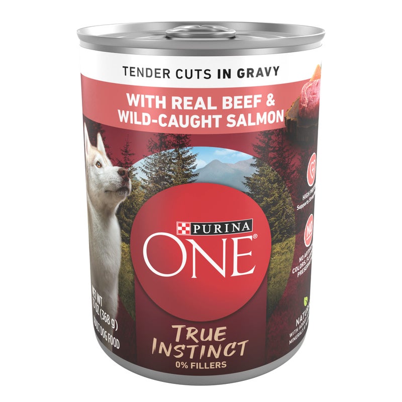 Purina ONE High Protein Wet Dog Food True Instinct Tender Cuts in Dog Food Gravy With Real Beef and Wild-Caught Salmon - (Pack of 12) 13 oz. Cans - Image 1
