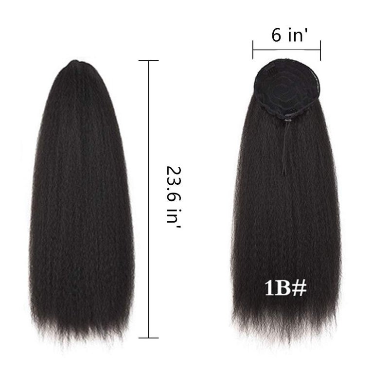BURHAIR Natural Long Kinky Srtaight Drawstring Ponytail Extension for Black Women, Yaki Curly Hair 24 Inch Clip in Ponytail Extension (1B#) - Image 3