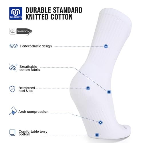 CLOSEMATE Mens Athletic Cushioned Crew Socks 6 Pairs Cotton Comfy and Moisture-Wicking for Running Training Sports(6 White, Size L) - Image 2