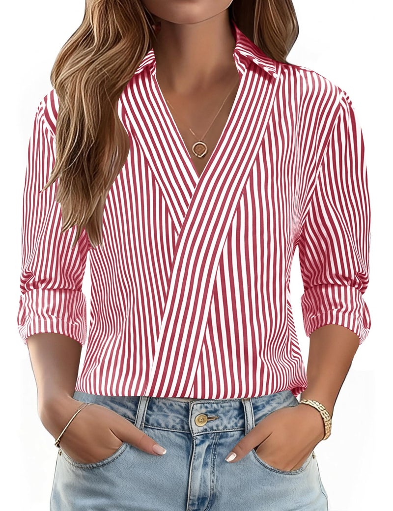 LOMON 3/4 Length Sleeve Womens Tops Dressy Casual V Neck Work Blouses 2026 Business Casual Summer Fall Outfits (Red White Stripe,XXL) - Image 1