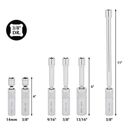 EMENTOL 6PCS 3/8" Drive Magnetic Swivel Spark Plug Socket Set, 12 Point, CR-V, Extension Sockets, Includes 9/16-inch, 5/8-inch, 13/16-inch, 14mm Sockets - Image 2