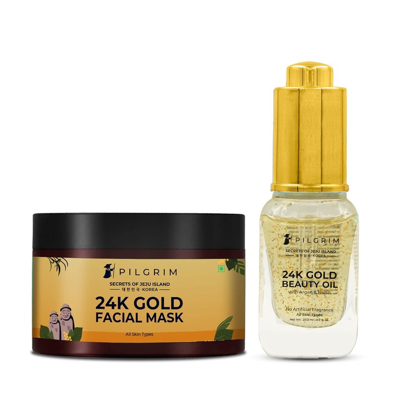 PILGRIM Pilgrim 24K Gold Facial Kit Dewy Glass Skin Finish Facial kit for Radiant Look 24K Gold Face Mask Pack 50gm 24K Gold Beauty Oil 20ml Korean Skin Care For Women Men FREE JUTE BAG - Image 2