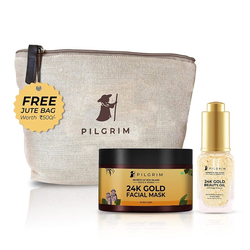 PILGRIM Pilgrim 24K Gold Facial Kit Dewy Glass Skin Finish Facial kit for Radiant Look 24K Gold Face Mask Pack 50gm 24K Gold Beauty Oil 20ml Korean Skin Care For Women Men FREE JUTE BAG - Image 1