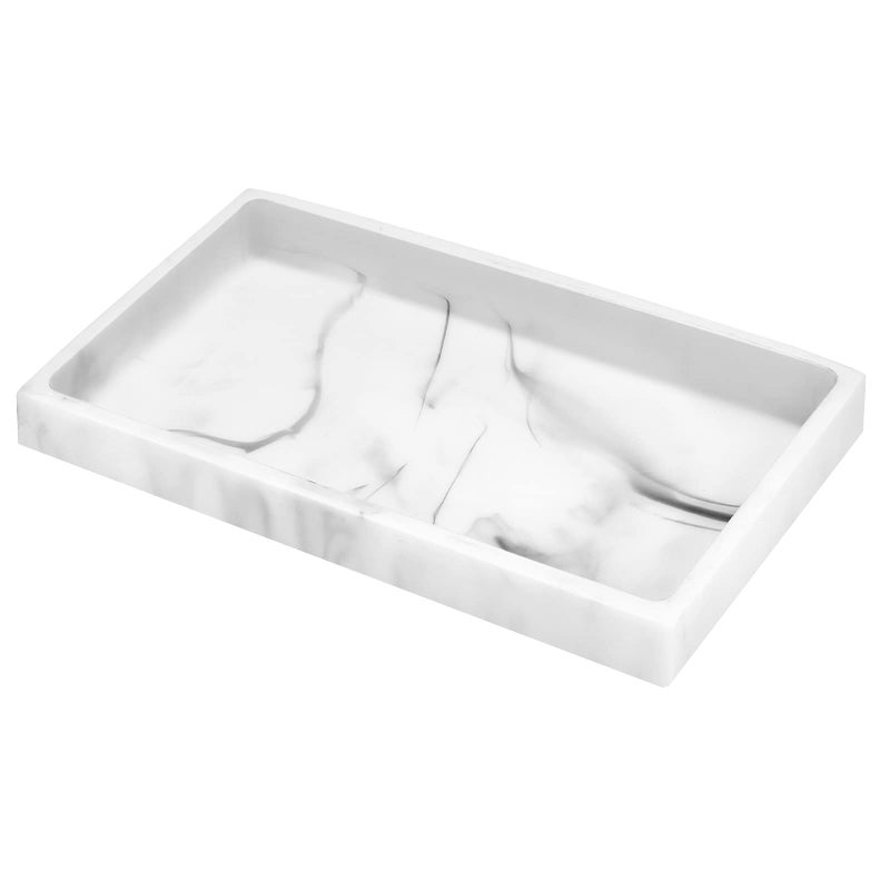 Luxspire Bathroom Vanity Tray, Resin Dresser Jewelry Ring Dish Tank Storage Kitchen Sink Countertop Organizer Plate Holder for Perfume Candles Soap Towel Plant Bathroom Accessories, M, White Marble - Image 1