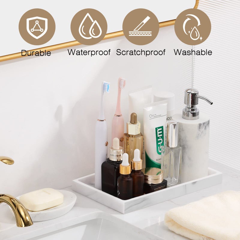 Luxspire Bathroom Vanity Tray, Resin Dresser Jewelry Ring Dish Tank Storage Kitchen Sink Countertop Organizer Plate Holder for Perfume Candles Soap Towel Plant Bathroom Accessories, M, White Marble - Image 2
