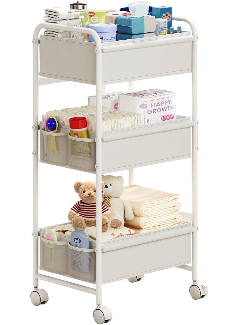 Forthcan 3-Tier Baby Diaper Caddy Cart Organizer,Mobile Nursery Storage Cart with Wheels，With 2 Dividers & 14 Mesh Pockets Durable Metal Utility Cart for Nursery, Bedroom, Bathroom Essentials Organiza