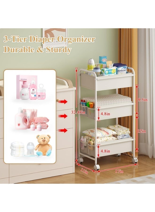 Forthcan 3-Tier Baby Diaper Caddy Cart Organizer,Mobile Nursery Storage Cart with Wheels，With 2 Dividers & 14 Mesh Pockets Durable Metal Utility Cart for Nursery, Bedroom, Bathroom Essentials Organization - Image 3