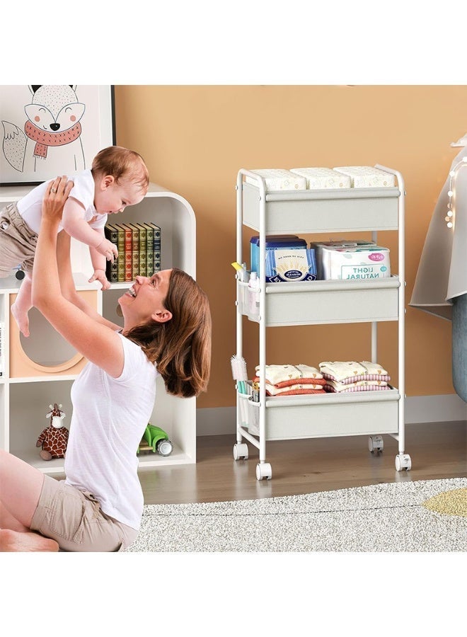 Forthcan 3-Tier Baby Diaper Caddy Cart Organizer,Mobile Nursery Storage Cart with Wheels，With 2 Dividers & 14 Mesh Pockets Durable Metal Utility Cart for Nursery, Bedroom, Bathroom Essentials Organization - Image 2