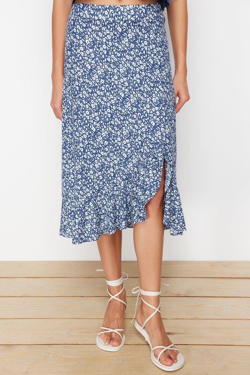 trendyol Blue Printed High Waist Midi Stretch Knitted Skirt with Gather Detail and Flounce TWOSS21ET0029 - Image 4