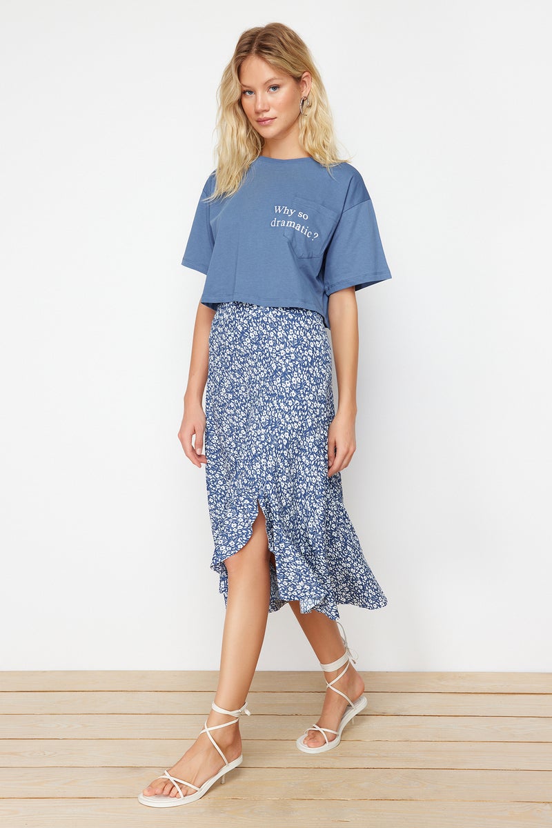 trendyol Blue Printed High Waist Midi Stretch Knitted Skirt with Gather Detail and Flounce TWOSS21ET0029 - Image 3