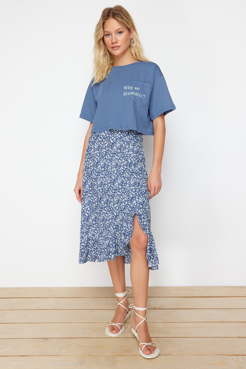 trendyol Blue Printed High Waist Midi Stretch Knitted Skirt with Gather Detail and Flounce TWOSS21ET0029 - Image 2