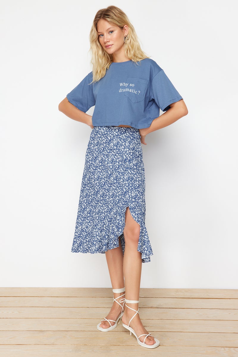 trendyol Blue Printed High Waist Midi Stretch Knitted Skirt with Gather Detail and Flounce TWOSS21ET0029 - Image 1