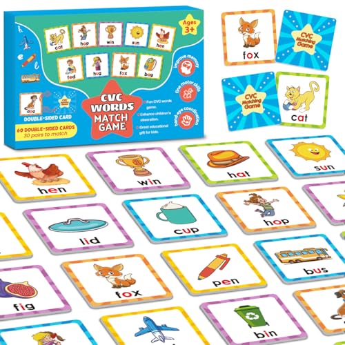Coosilion CVC Word Games Kindergarten Memory Games for Kids Ages 48 Matching Games for Toddlers 35 60 PCS Phonics Games Flash Cards Educational Toys Homeschool Supplies for Boys and Girls - Image 1