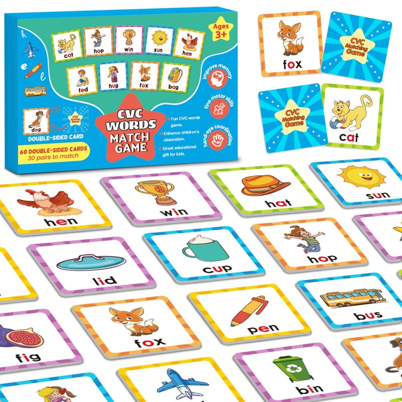 Coosilion CVC Word Games Kindergarten Memory Games for Kids Ages 48 Matching Games for Toddlers 35 60 PCS Phonics Games Flash Cards Educational Toys Homeschool Supplies for Boys and Girls - Image 3