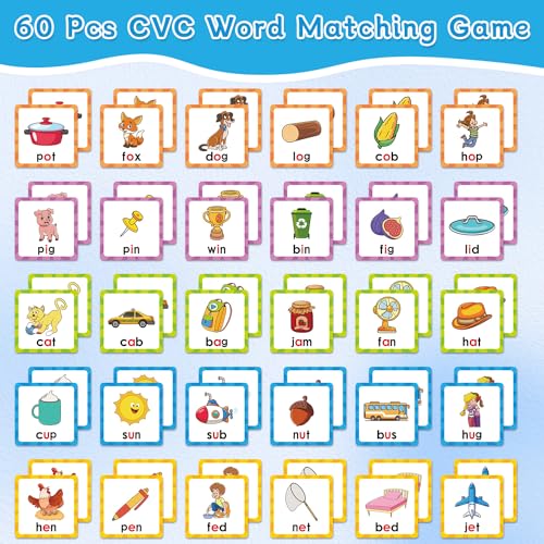 Coosilion CVC Word Games Kindergarten Memory Games for Kids Ages 48 Matching Games for Toddlers 35 60 PCS Phonics Games Flash Cards Educational Toys Homeschool Supplies for Boys and Girls - Image 5